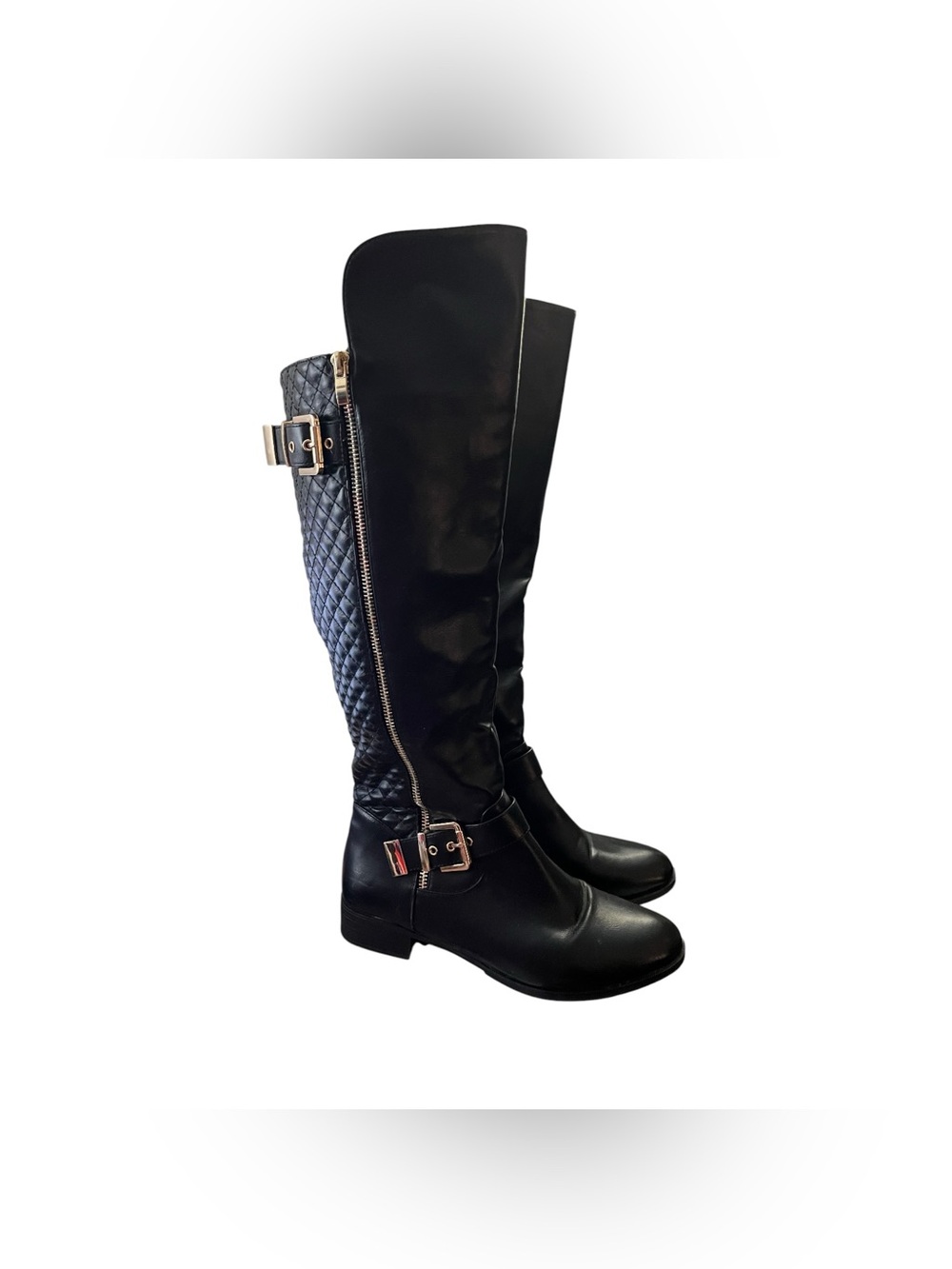 ShoeDazzle Cersei Riding Boots Quilted Side Zip Buckle Black 8